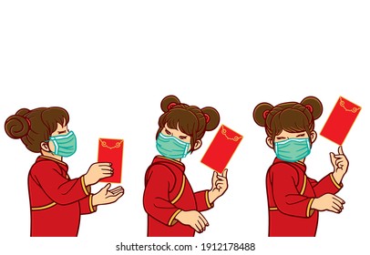 Happy Chinese New Year and stay safe from COVID-19 Concept. Illustration, shape, line, art, retro style in vector isolated on background.