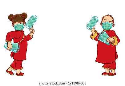 Happy Chinese New Year and stay safe from COVID-19 Concept. Illustration, shape, line, art, retro style in vector isolated on background.