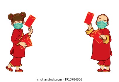 Happy Chinese New Year and stay safe from COVID-19 Concept. Illustration, shape, line, art, retro style in vector isolated on background.