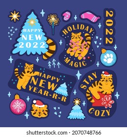 Happy Chinese new year stickers set 2022 with cute tigers and lettering quotes. Animal holidays cartoon characters with tree, garland lights, decor, bright gifts, and greeting lettering quotes.