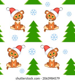 Happy Chinese New Year, symbol of 2022. Little tiger in Santa hat, snowflakes and Christmas trees. Seamless vector pattern.