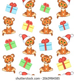 Happy Chinese New Year, symbol of 2022. Little tiger in Santa hat and gift boxes. Seamless vector pattern.