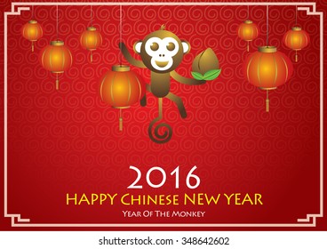 HAPPY Chinese NEW YEAR Symbol of 2016. Monkey Holding Peach, decorated gold Vector element for New Year's design. Illustration of 2016 year of the monkey.
