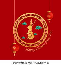 Happy chinese new year text with rabbit in the circular shape, lantern, and cloud