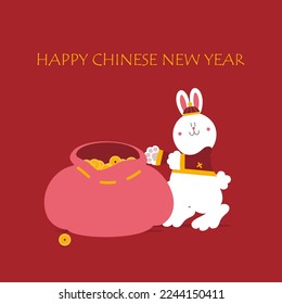 happy chinese new year with text, year of the rabbit zodiac, asian culture festival concept with gold in red background, flat vector illustration cartoon character design
