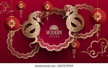 Happy Chinese New Year, textured red card with snakes and figured frame.