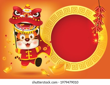 Happy Chinese New Year, Year of the tiger. A cute tiger performing lion dancing with copy space.