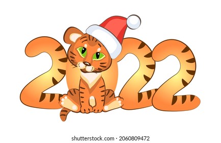 Happy Chinese New Year, tiger symbol of 2022 for banner, poster, greeting card. Little tiger cub in Santa hat. Vector