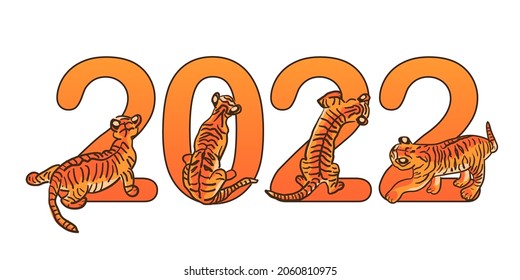 Happy Chinese New Year, tiger symbol of 2022 for banner, poster, greeting card. Little tigers. Vector illustration.