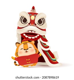 Happy Chinese New year of the tiger. Zodiac symbol of the year 2022. Cute cartoon tiger lion dance character design greeting for card, flyers, invitation, posters, brochure, banners. 