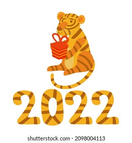 Happy Chinese New Year Tiger 2022 poster. Cartoon funne cute happy Tiger with gift box. Vector illustration cartoon style isolated banner