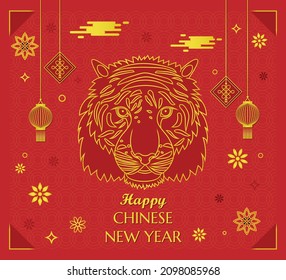 Happy Chinese New Year Tiger Poster Wallpaper Traditional Chinese golden red background frame greeting with lanterns and clouds