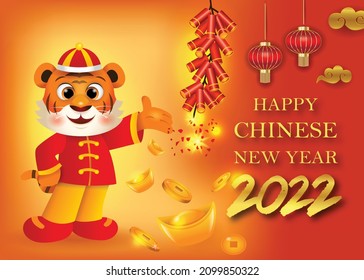 Happy Chinese New Year, Year of the tiger. Cute cartoon tiger in Chinese costume greeting.