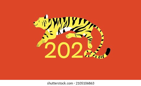 Happy chinese new year of the tiger 2022 vector illustration for greeting card, horizontal banner or backgrounf. Celebration of Lunar New Year in Asia. Stylized zodiac tiger with tail forming a 2.