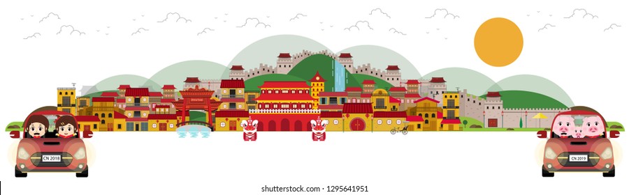 Happy Chinese New Year and Traditional China town of street. vector