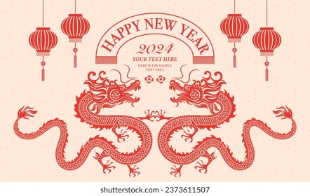 Happy Chinese New Year traditional folk paper-cut art dragon and ribbon tag frame