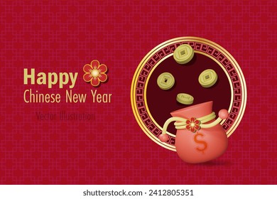 Happy Chinese New Year,  traditional card design.  Lucky bag with gold coins on Chinese traditional lattice window frame. Vector.