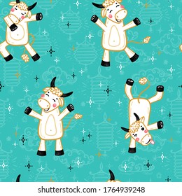 Happy Chinese New Year Turquoise Background with Cartoon Cute Ox Characters. Holiday Seamless pattern with Funny Doodle Bulls and Stars. 2021 Year of White Ox Chinese Zodiac Sign. Vector illustration