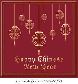 Happy Chinese New Year typography with Chinese lanterns. Vector illustration. For greeting card, flayer, poster, banner or website template, Stock vector