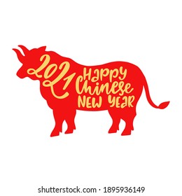 Happy Chinese New Year typography design. 2021 year of the Ox lettering in the bull silhouette. Lunar calendar vector illustration isolated on white background. 