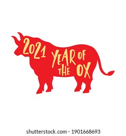 Happy Chinese New Year typography design. 2021 year of the Ox lettering in the bull silhouette. Lunar calendar vector illustration isolated on white background. 