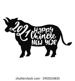 Happy Chinese New Year typography design. 2021 year of the Ox lettering in the bull silhouette. Lunar calendar vector illustration isolated on white background. 