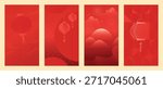 Happy Chinese New Year vector red and gold greeting card set with lantern tassel knot and traditional ornaments. Festive holiday design for invitations banners posters and packaging.