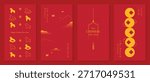 Happy Chinese New Year vector red and gold greeting card set with zodiac icons, mountain landscape, hanging tag and coin ornaments. Festive holiday design for invitations, banners, posters and packaging.