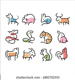 Happy chinese new year, vector chinese new year icons, chinese calendar animals with color