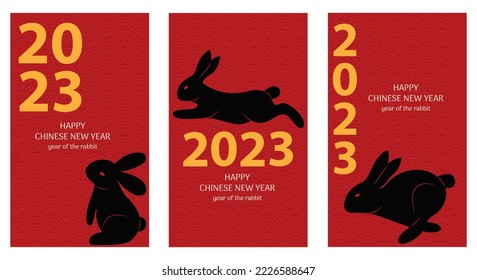 Happy Chinese New Year vector posters template set. New 2023 year of the rabbit. Vector illustration