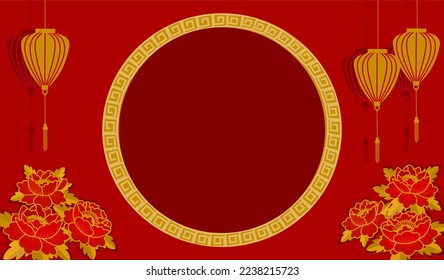 Happy Chinese New Year vector illustration, red golden peony flower blooming with hanging shine lantern, lucky oriental Asian style background with blank space copy for text.