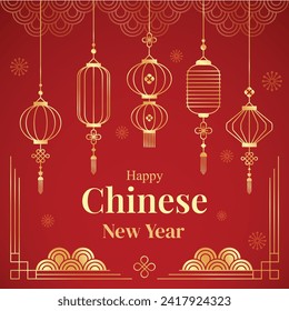 Happy Chinese New Year vector, Year of the Dragon banner template design on a gradient red background, gold hanging lantern. Modern luxury oriental illustration for cover, banner, and website.