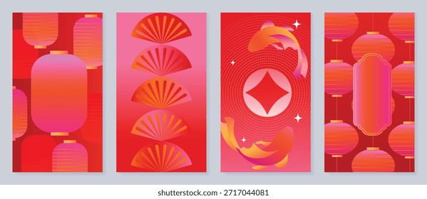 Fondo de Vector feliz del año Nuevo chino fijado con la linterna, el ventilador plegable y el pez abstracto en gradiente rosado rojo. Diseño festivo de vacaciones para Anuncios, carteles, invitaciones y empaques.