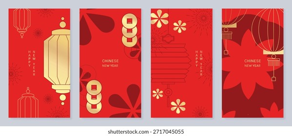 Tarjeta de felicitación roja y dorada del Vector del año Nuevo chino feliz fijada con el nudo de la borla de la linterna y los ornamentos tradicionales. Diseño festivo de vacaciones para invitaciones Anuncios carteles y empaques.