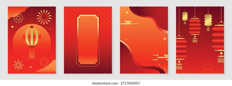 Tarjeta de felicitación roja y dorada del Vector del año Nuevo chino feliz fijada con el nudo de la borla de la linterna y los ornamentos tradicionales. Diseño festivo de vacaciones para invitaciones Anuncios carteles y empaques.