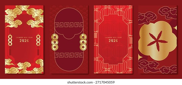 Tarjeta de felicitación roja y dorada del Vector del año Nuevo chino feliz fijada con el nudo de la borla de la linterna y los ornamentos tradicionales. Diseño festivo de vacaciones para invitaciones Anuncios carteles y empaques.