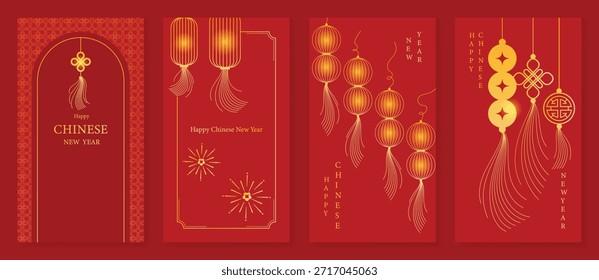 Tarjeta de felicitación roja y dorada del Vector del año Nuevo chino feliz fijada con el nudo de la borla de la linterna y los ornamentos tradicionales. Diseño festivo de vacaciones para invitaciones Anuncios carteles y empaques.