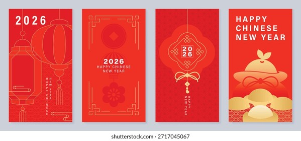 Tarjeta de felicitación roja y dorada del Vector del año Nuevo chino feliz fijada con el nudo de la borla de la linterna y los ornamentos tradicionales. Diseño festivo de vacaciones para invitaciones Anuncios carteles y empaques.