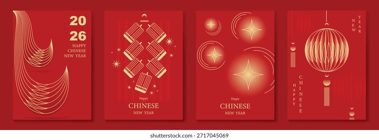 Tarjeta de felicitación roja y dorada del Vector del año Nuevo chino feliz fijada con el nudo de la borla de la linterna y los ornamentos tradicionales. Diseño festivo de vacaciones para invitaciones Anuncios carteles y empaques.