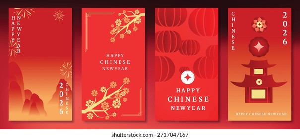 Afiche de Vector del año Nuevo chino feliz fijado con la linterna, el templo, los fuegos artificiales y el modelo geométrico en fondo rojo y oro del gradiente. Diseño festivo para tarjetas, Anuncios e invitaciones.