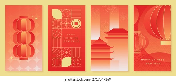 Afiche de Vector del año Nuevo chino feliz fijado con la linterna, el templo, los fuegos artificiales y el modelo geométrico en fondo rojo y oro del gradiente. Diseño festivo para tarjetas, Anuncios e invitaciones.