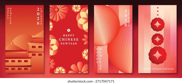 Afiche de Vector del año Nuevo chino feliz fijado con la linterna, el templo, los fuegos artificiales y el modelo geométrico en fondo rojo y oro del gradiente. Diseño festivo para tarjetas, Anuncios e invitaciones.