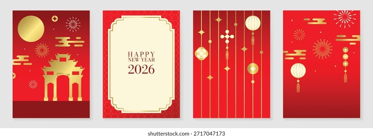 Afiche de Vector del año Nuevo chino feliz fijado con la linterna, el templo, los fuegos artificiales y el modelo geométrico en fondo rojo y oro del gradiente. Diseño festivo para tarjetas, Anuncios e invitaciones.