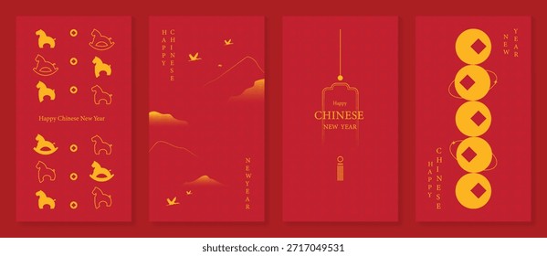 Happy Chinese New Year vector red and gold greeting card set with zodiac icons, mountain landscape, hanging tag and coin ornaments. Festive holiday design for invitations, banners, posters and packaging.