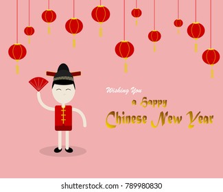 Happy Chinese new year vector concept.The boy wearing a red Chinese national dress is holding a Chinese fan design and smiling.The backdrop is decorated with Chinese red lamp design.