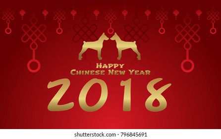 Happy Chinese New Year vector 2018 with dog silhouette in golden color on red background