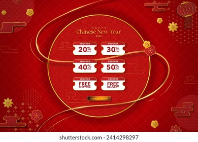 Happy Chinese New Year Vouchers Template Banner.  CNY Sales Coupon Layout. Asian clouds, flowers, patterns. 20% to 50% discount coupons, free shipping, free delivery. Shop Now CTA button. Vector.