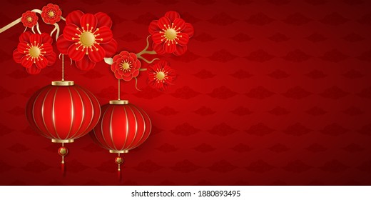 Happy Chinese New Year. Wealthy, elegant template with blooming flowers and hanging lantern on a red background with pattern of clouds. Festive design for brochure. Vector illustration. EPS 10