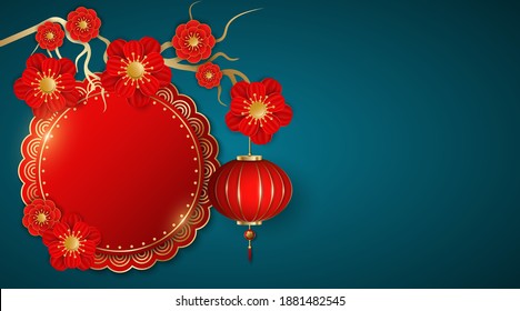 Happy Chinese New Year. Wealthy banner decorated with blooming flowers and hanging traditional lantern on a blue background. Festive design for poster, flyer or brochure. Vector illustration. EPS 10