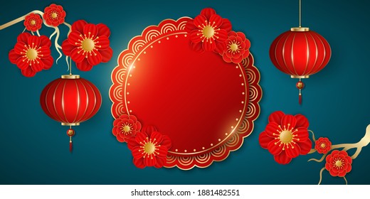 Happy Chinese New Year. Wealthy banner decorated with blooming flowers and hanging traditional lantern on a blue background. Festive design for poster or brochure. Vector illustration. EPS 10